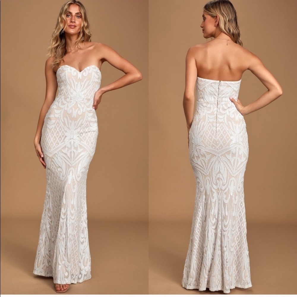 NWT Lulu’s Olivia White Sequin Strapless Dress